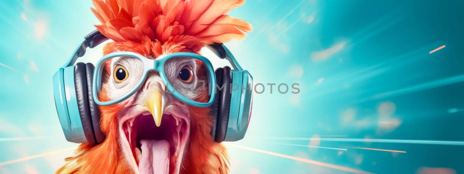 Vibrant illustration of a chicken wearing headphones, ready to jam at a party with a cool blue backdrop
