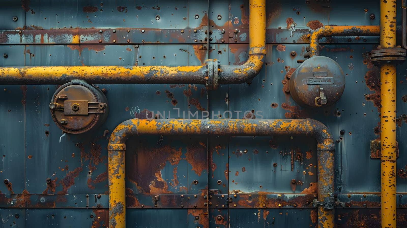 A detailed shot showcasing the colorfulness of a rusty pipe mounted on a wall. The pipeline transport engineering of this gas cylinder is emphasized by the electric blue hue of the metal pipe