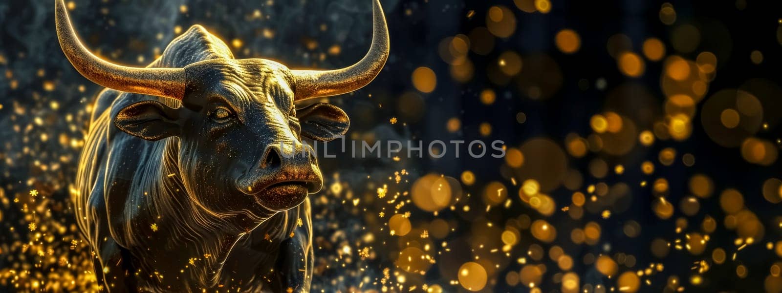 Golden bull with sparkling bokeh background by Edophoto