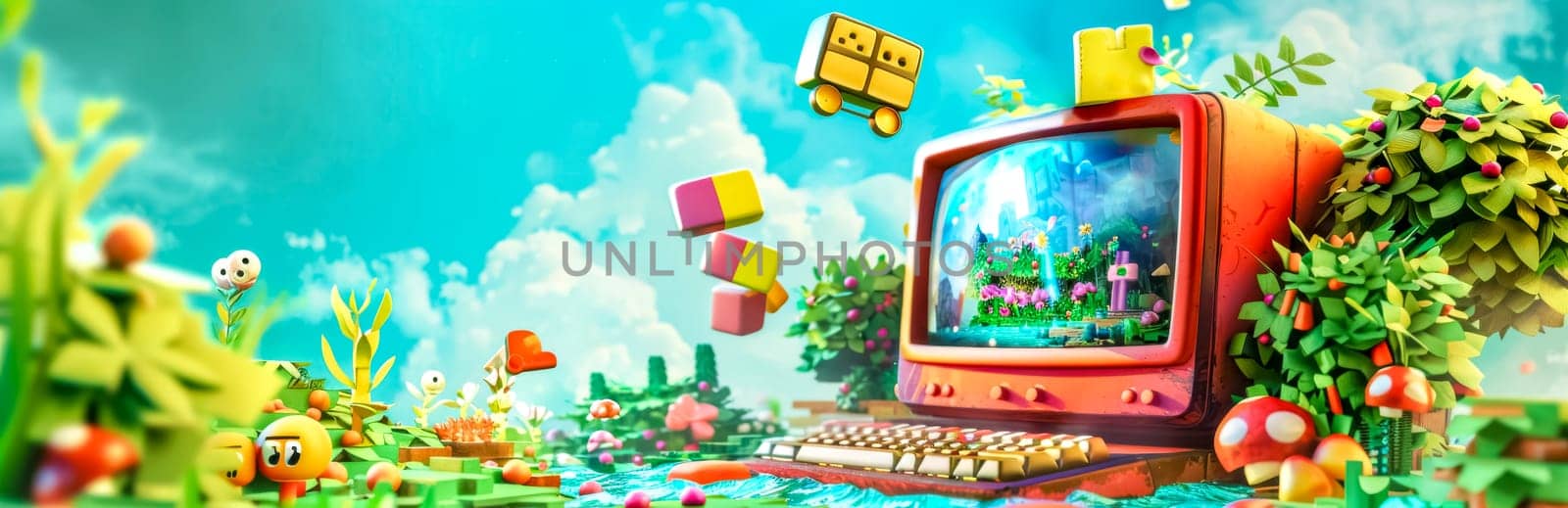 Colorful fantasy panorama with a vintage tv and video game elements against a blue backdrop