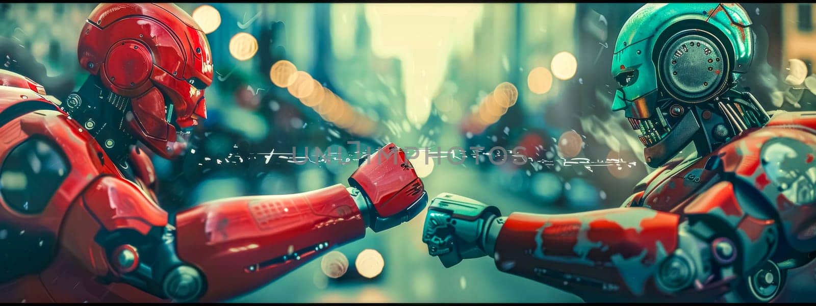 Two robots engage fiercely in an arm wrestling match with vibrant lights in the background