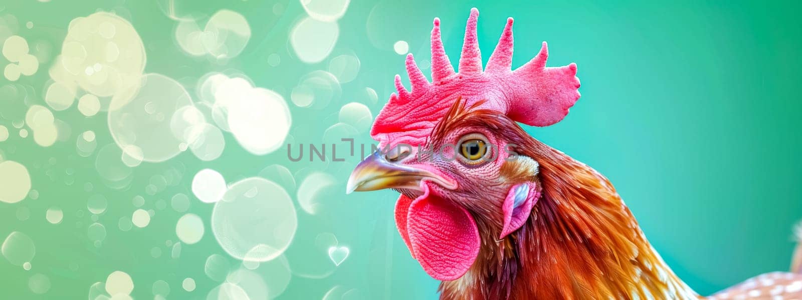 Close-up of a colorful rooster against a shimmering bokeh background