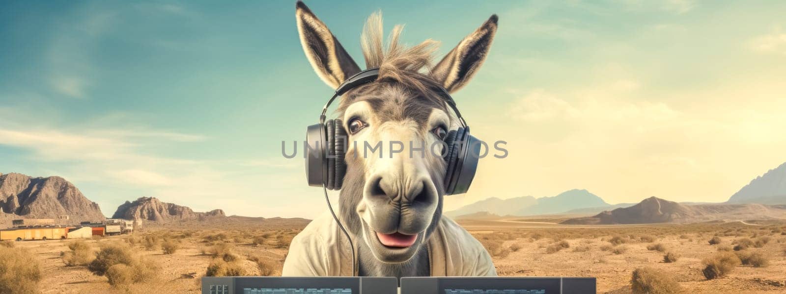 Cartoon donkey with headphones djs in a sunny desert scene, showcasing humor and music