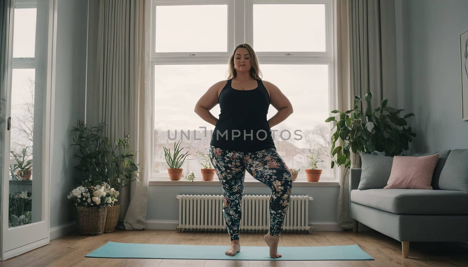 Large woman, yoga practice near sofa, leggings and top attire. Bright room, large window, floor-standing flower. by Matiunina