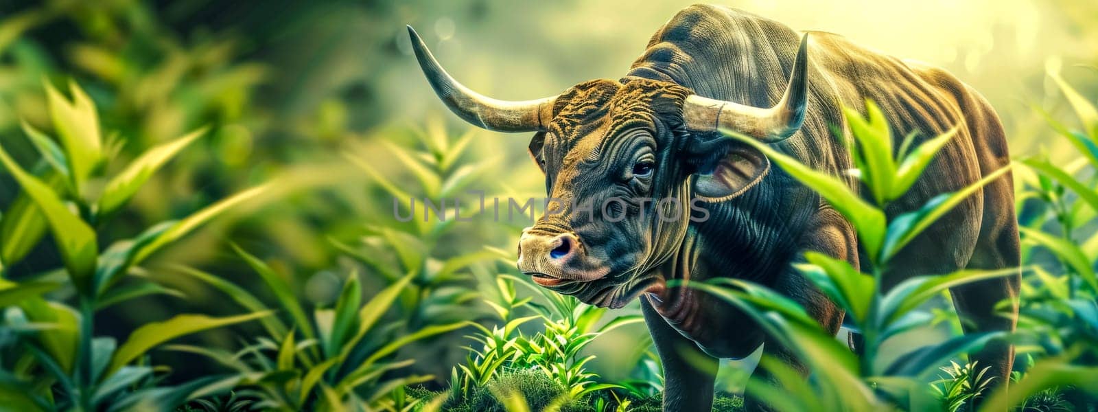 Grand bull stands amid vibrant green foliage, bathed in warm sunlight