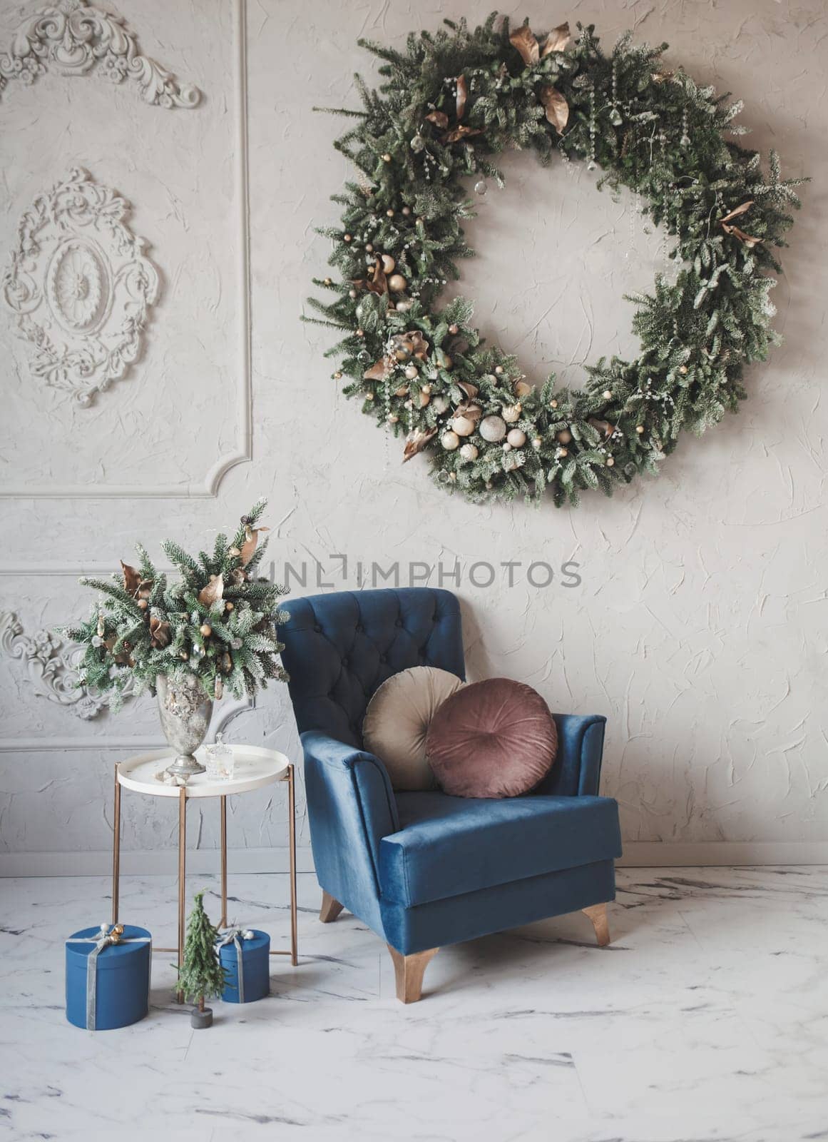 Cozy home decorated for Christmas. Natural Christmas decorations.