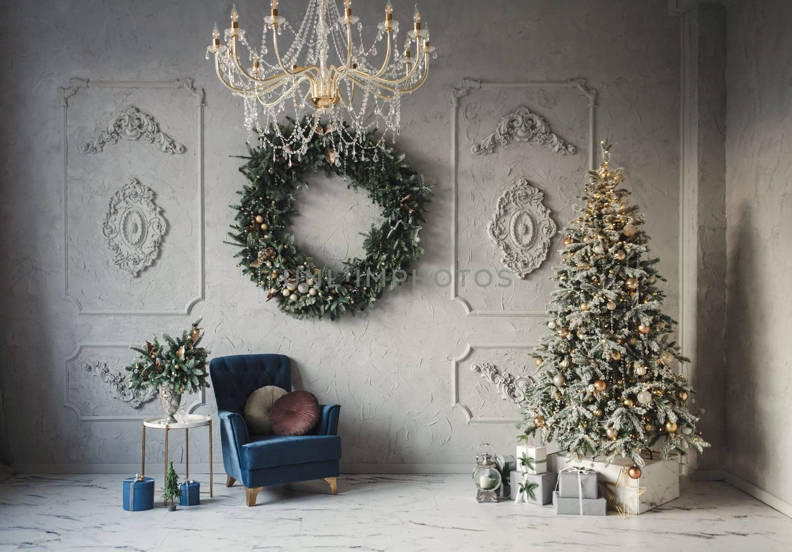  Stylish living room. Room with Christmas tree. Comfortable chair