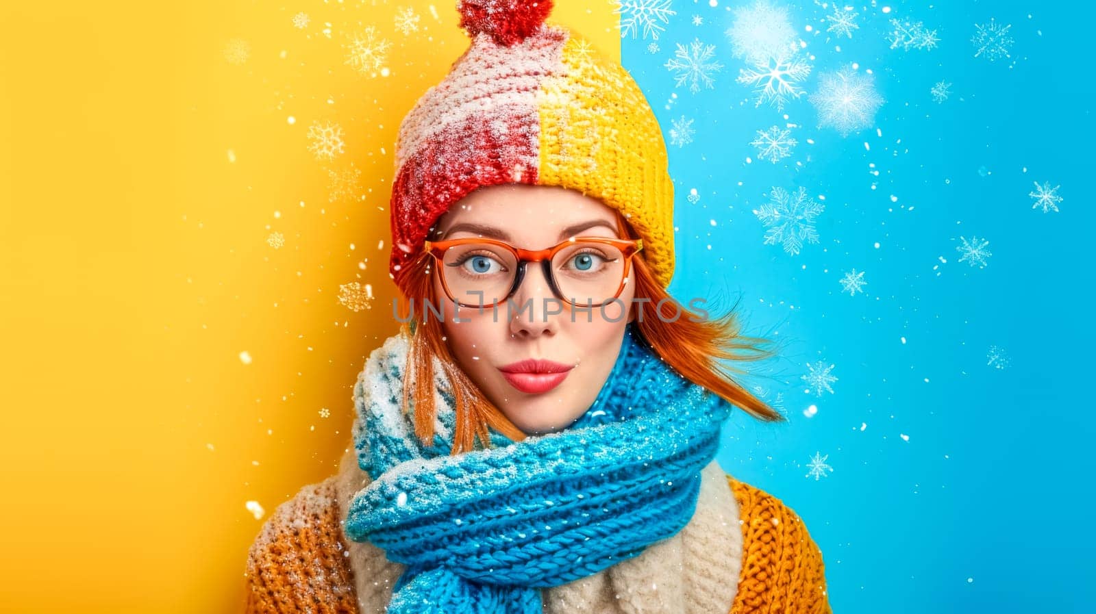 Young woman in vibrant winter attire against a split blue and yellow backdrop with falling snowflakes