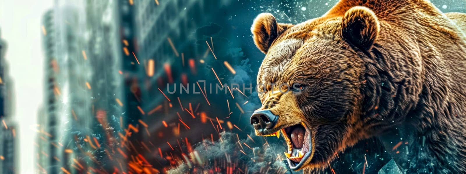 Ferocious bear roaring amidst blazing sparks by Edophoto