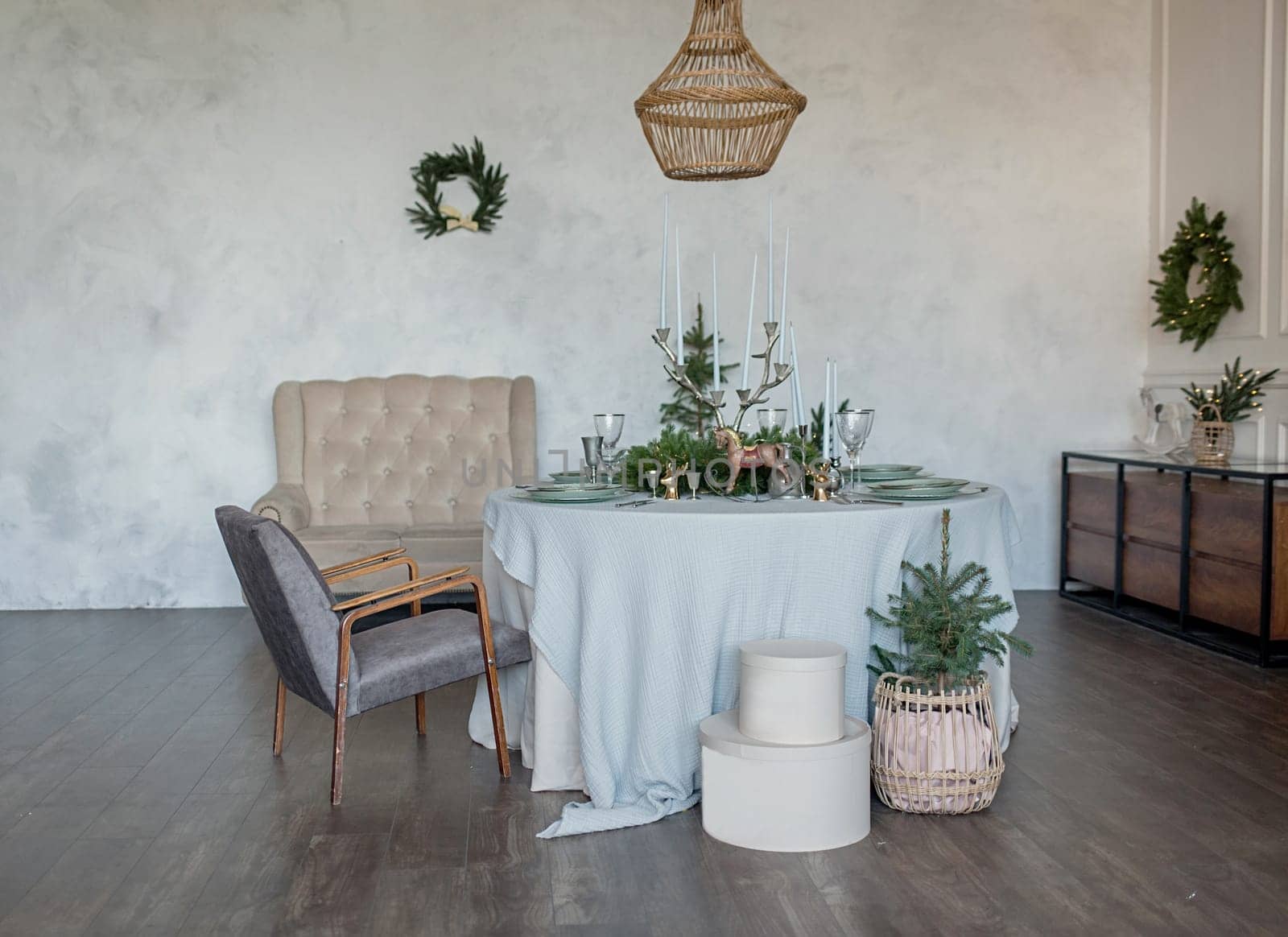 decorated living room and table for Christmas. Christmas decor