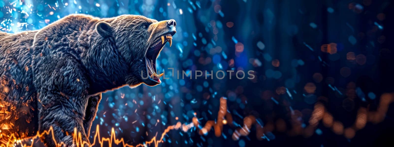 Fiery roar of a bear on a dynamic stock market background by Edophoto