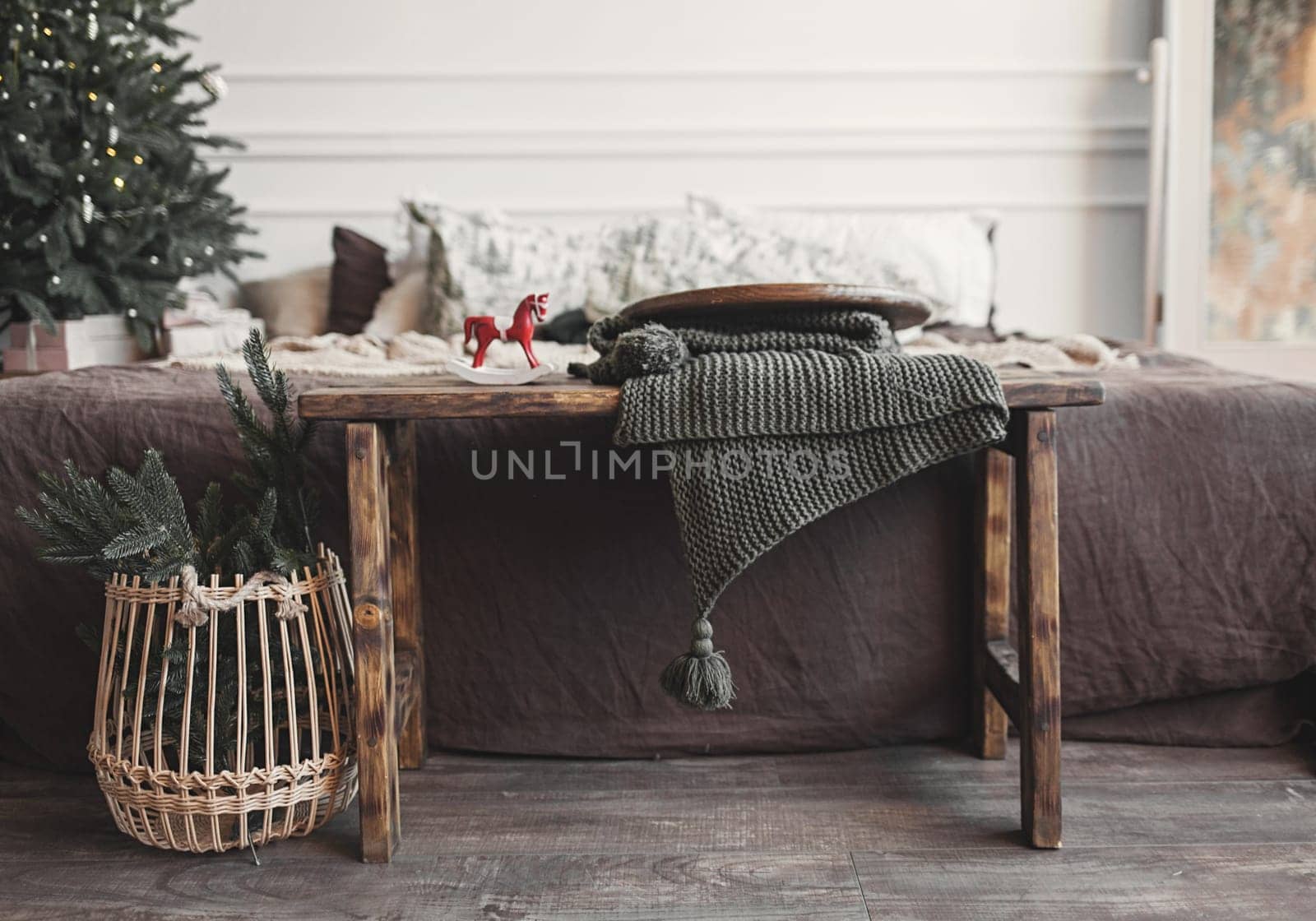 minimalistic bedroom decor. Christmas room decoration