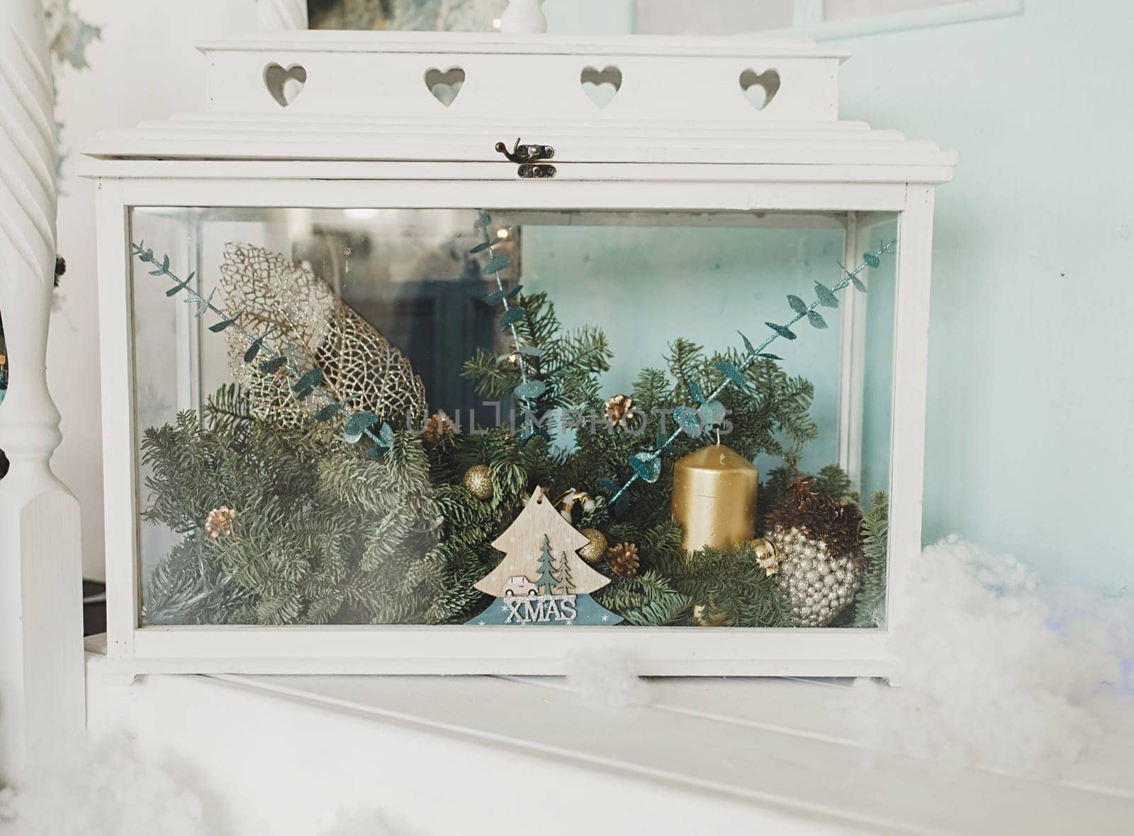 Christmas, New Year interior. Garlands and Christmas gifts