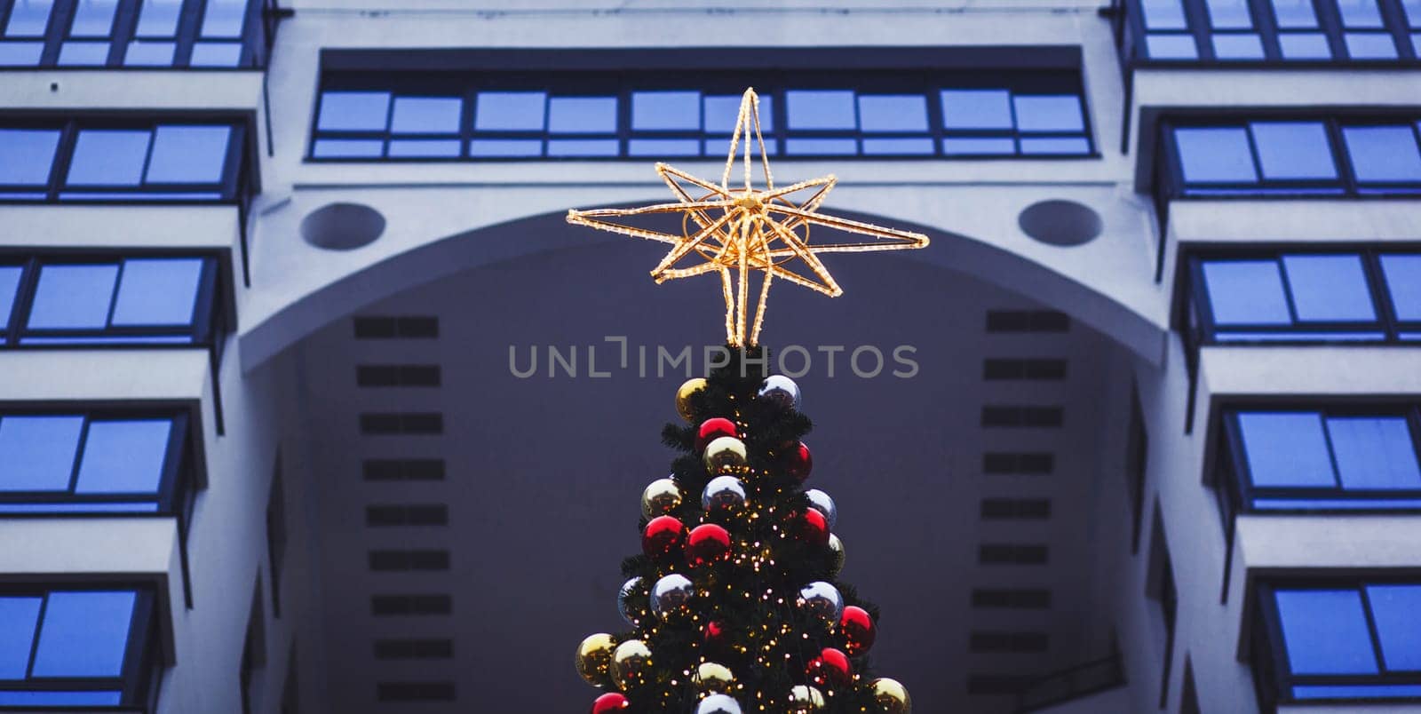 Christmas tree decoration. Christmas tree with shining star