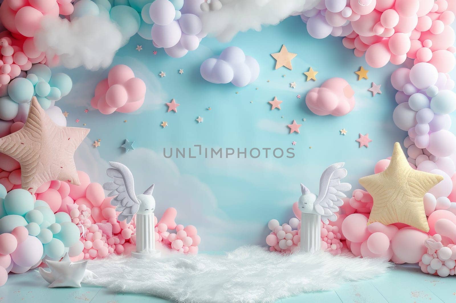 Dreamy Pink Floral Frame with Clouds and Doves. Generative AI by itchaznong