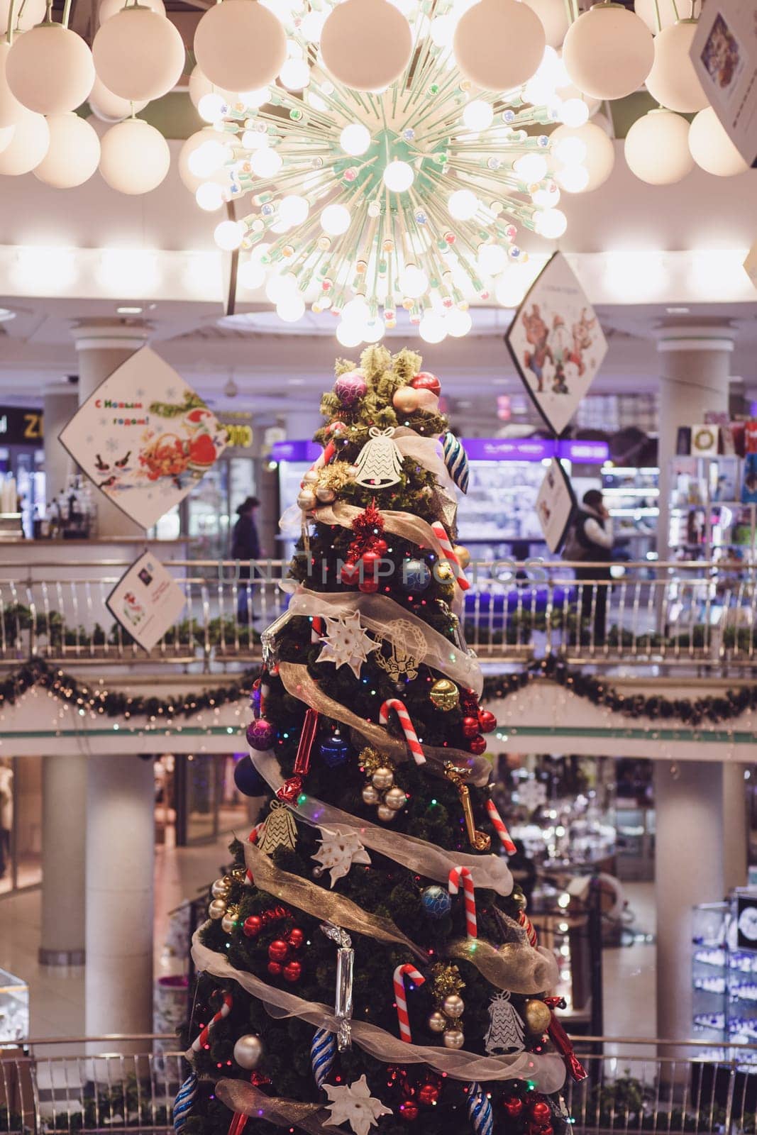 Minsk, Belarus-December 2019: Christmas tree in the interior of a luxury shopping center.