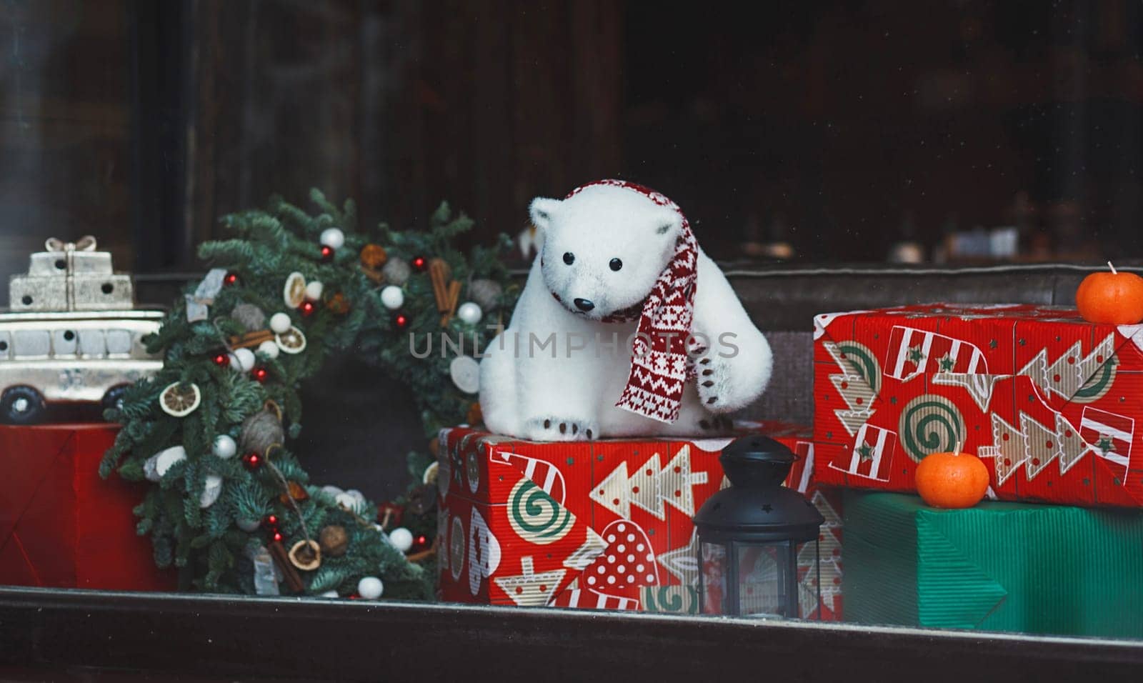 Christmas shop window. preparing for the new year holidays