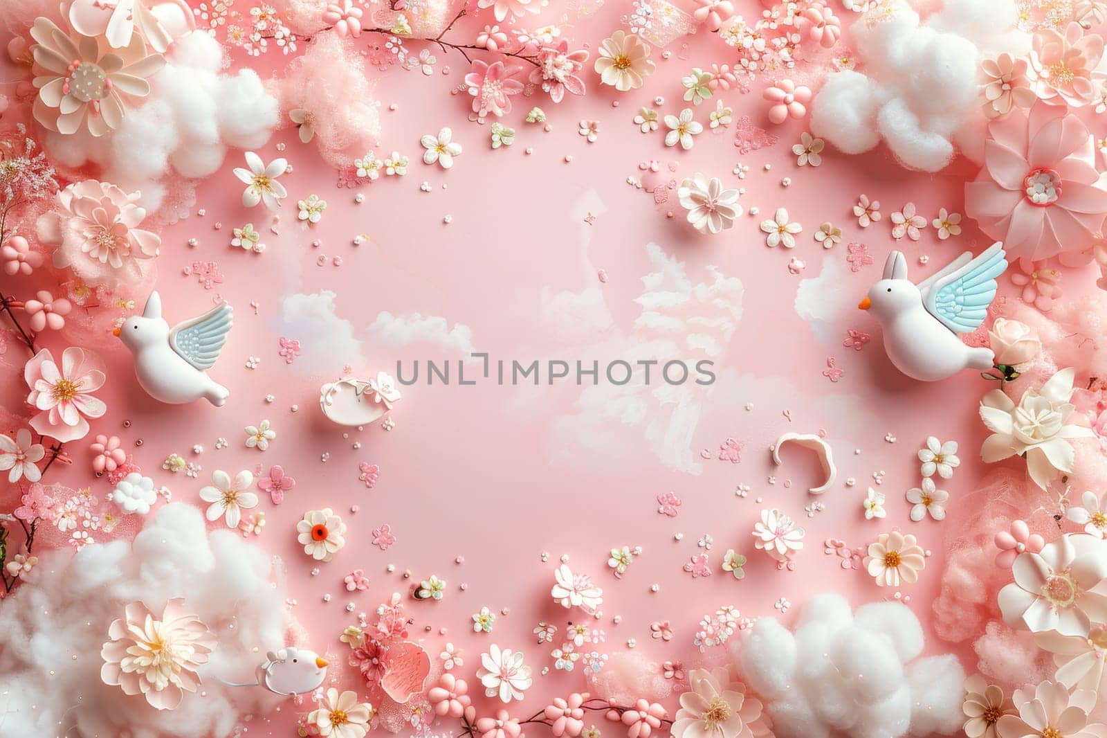 Dreamy Pink Floral Frame with Clouds and Doves. Generative AI by itchaznong