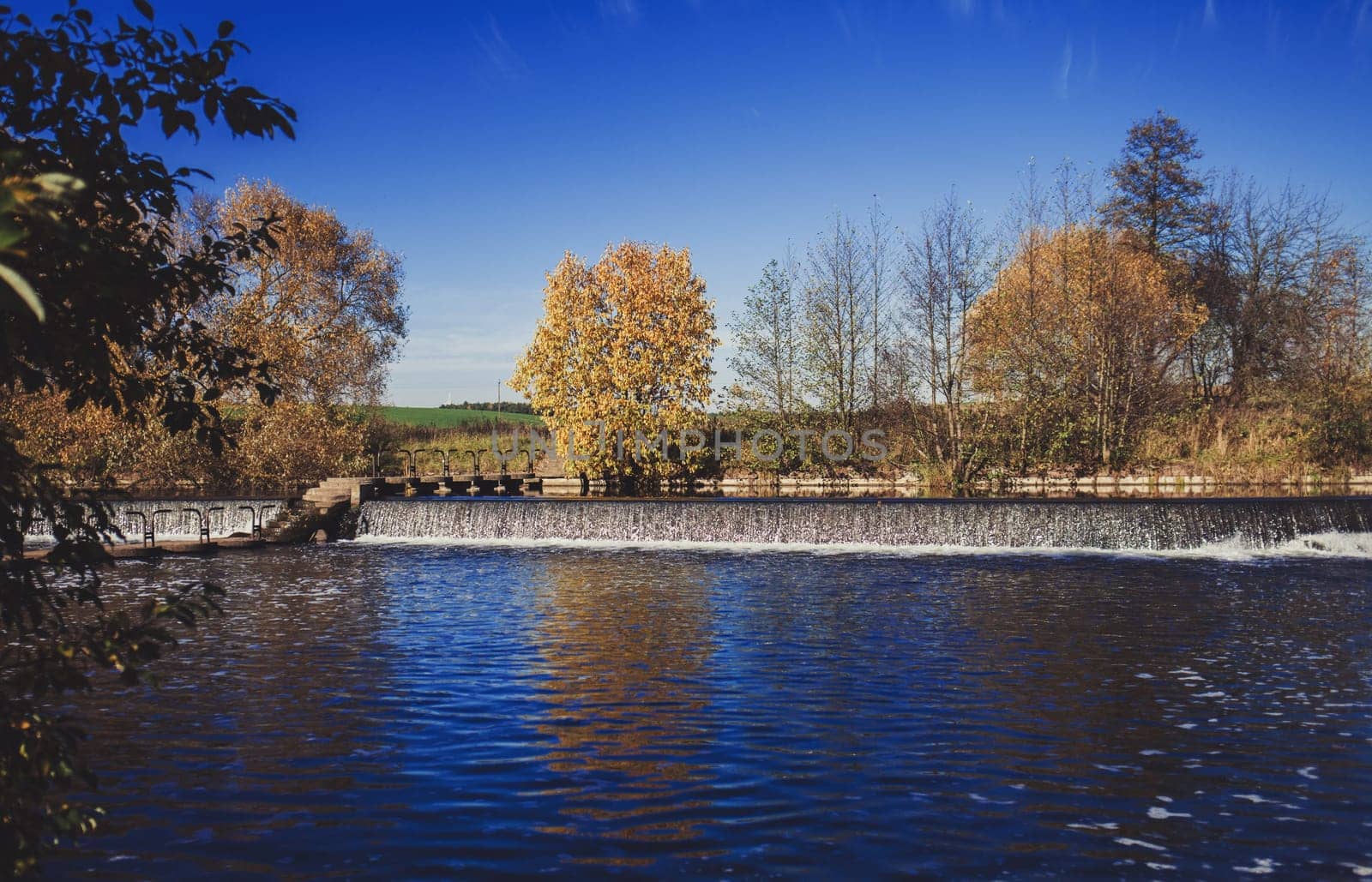 autumn Park with waterfall and lakes. eco landscape