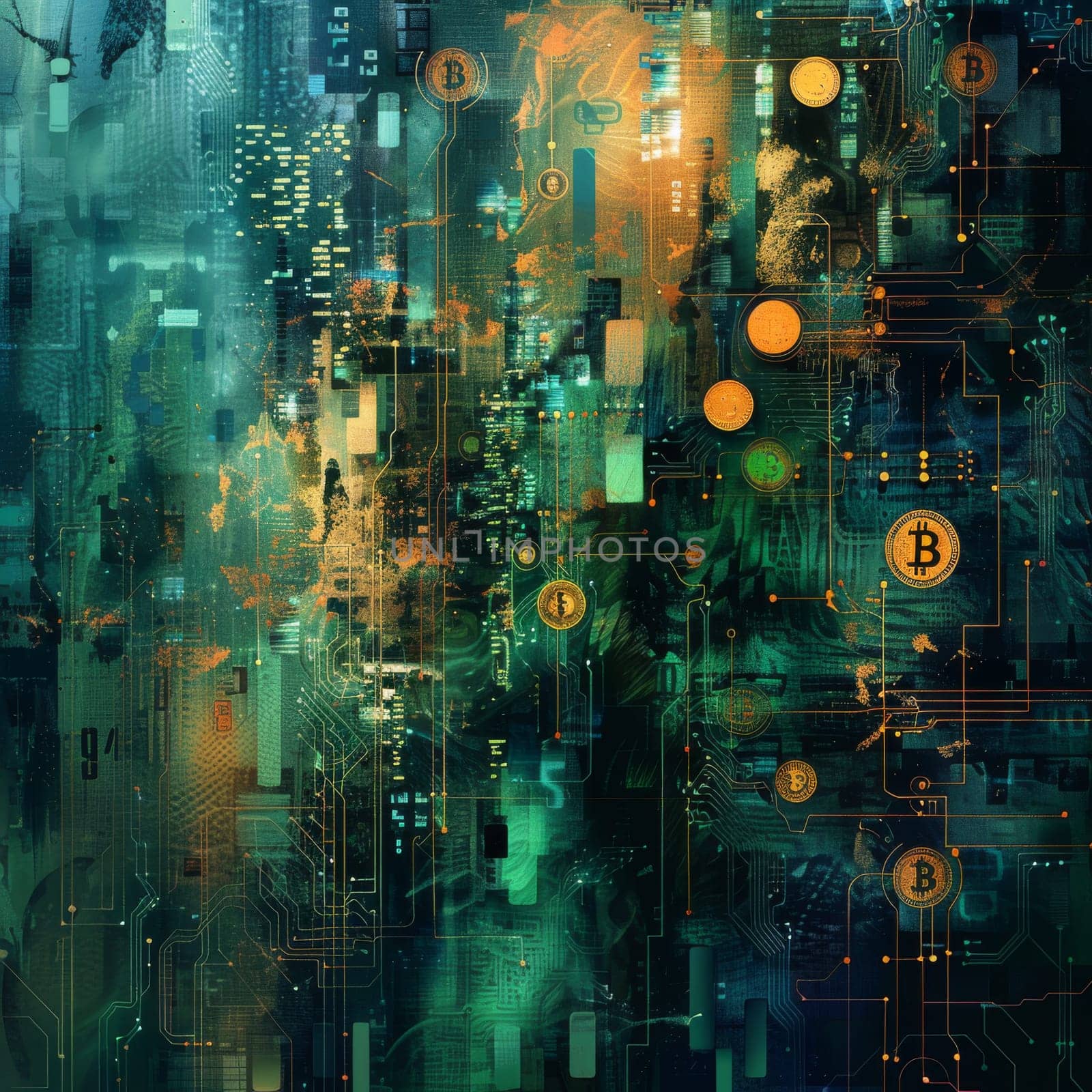 Abstract Bit coin crypto currency technology background. Generative AI.