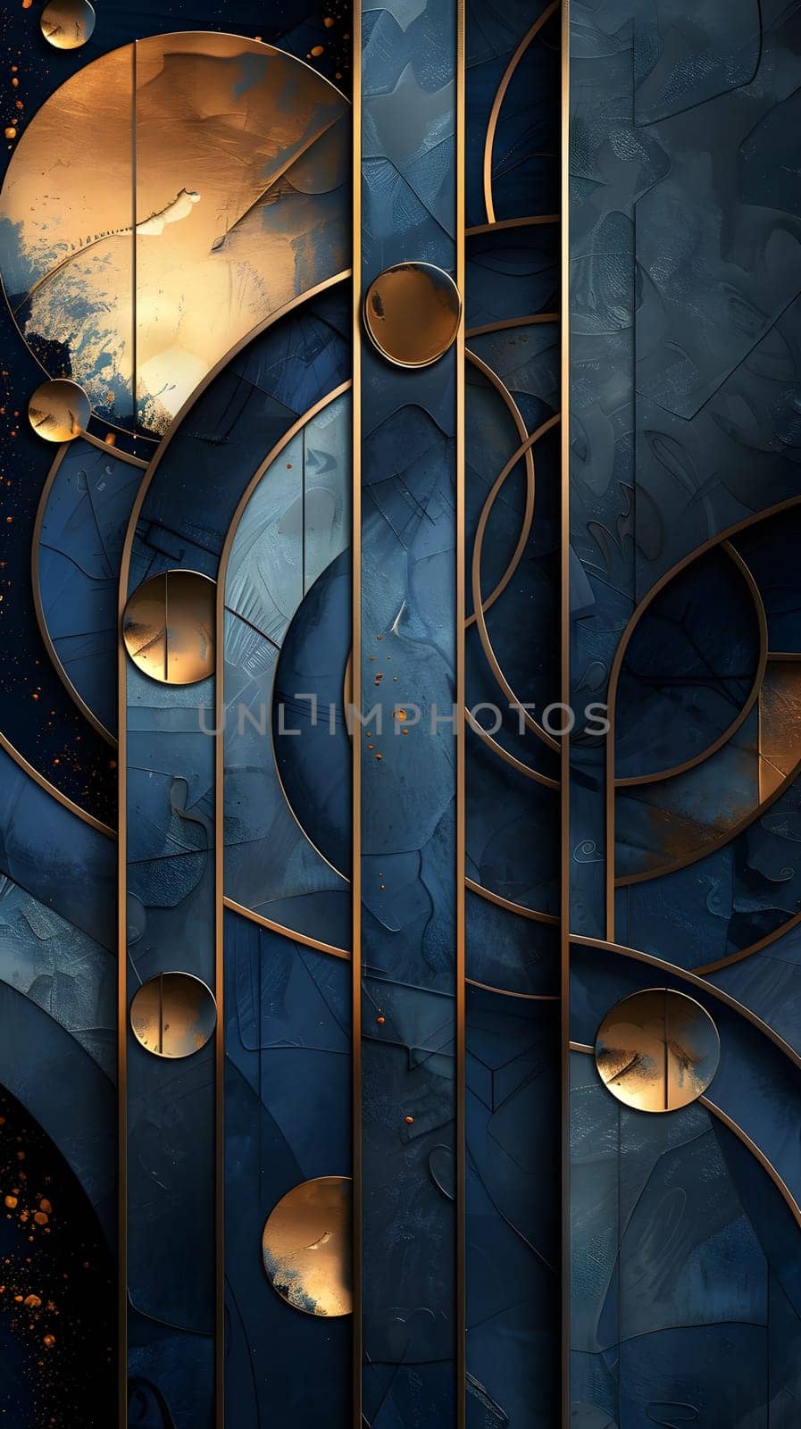 A vibrant abstract painting in electric blue and gold hues featuring circles and lines, reminiscent of a musical instrument or a pattern found in nature