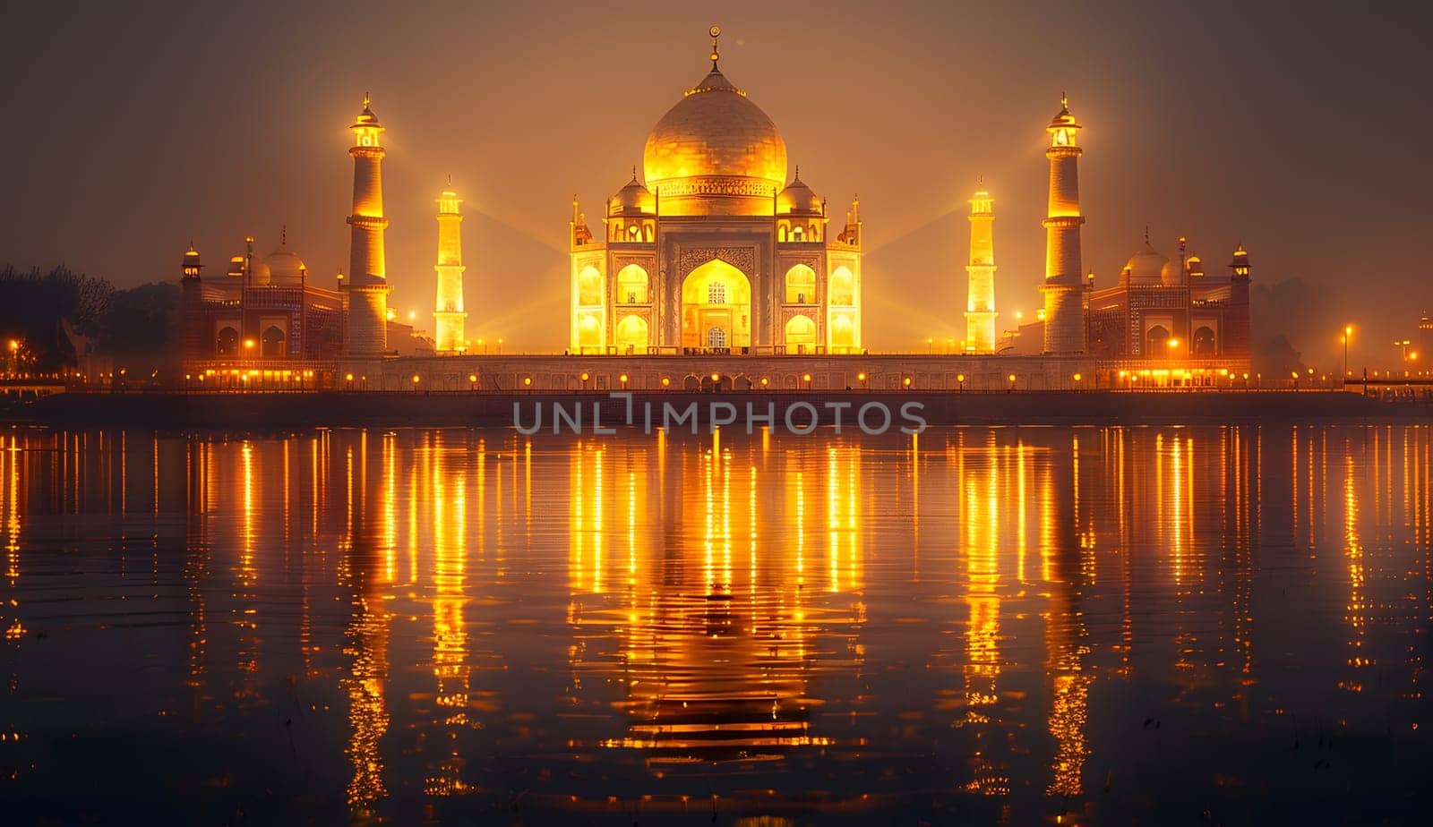 The Taj Mahal illuminates the night sky and is mirrored in the tranquil waters of the nearby lake, creating a breathtaking sight at dusk