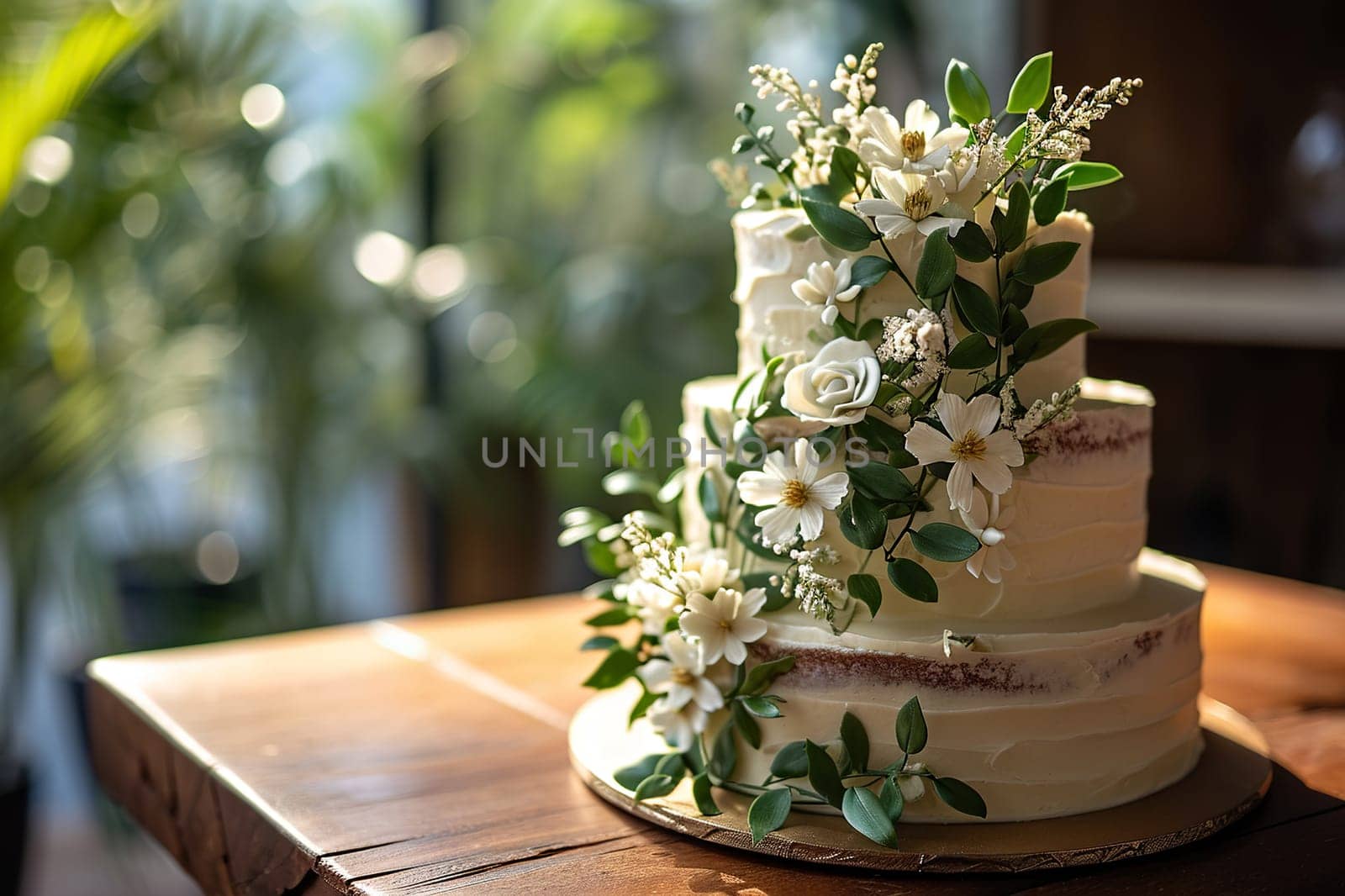 Elegant white wedding cake four tiers high and decorated with flowers. Generated by artificial intelligence by Vovmar
