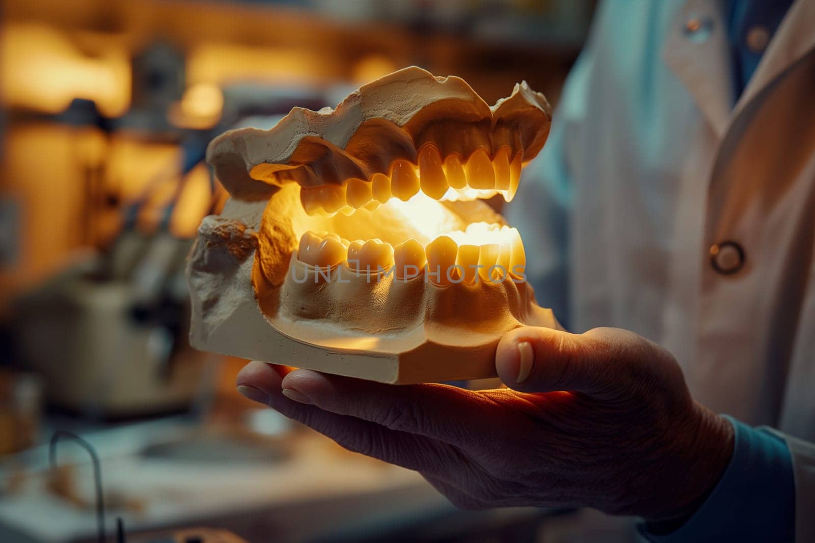 A person is holding a detailed model of a tooth, examining it closely.