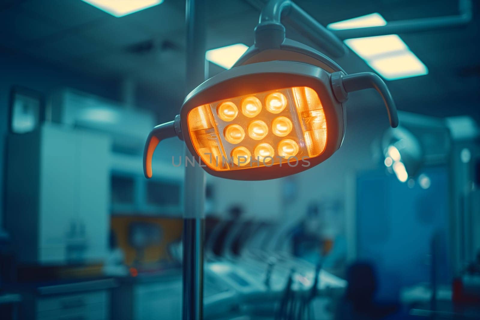 A dentist chair with a bright light above it, ready for dental procedures in a clinical setting.
