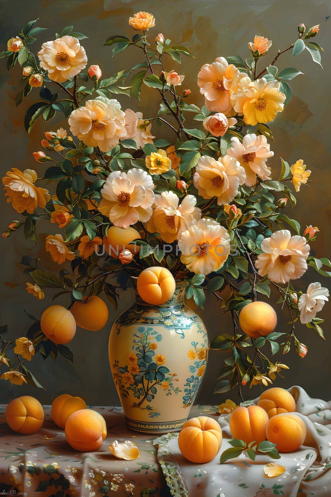 An artful display of flowers and apricots in a vase, reminiscent of a beautiful botanical painting. The vibrant colors of the petals and fruit pop against the table backdrop