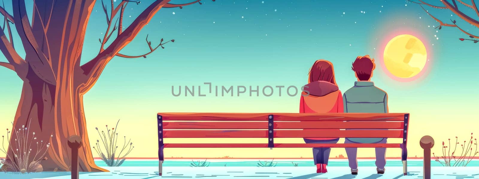 Illustration of a couple sitting on a bench, gazing at a full moon in a serene winter landscape