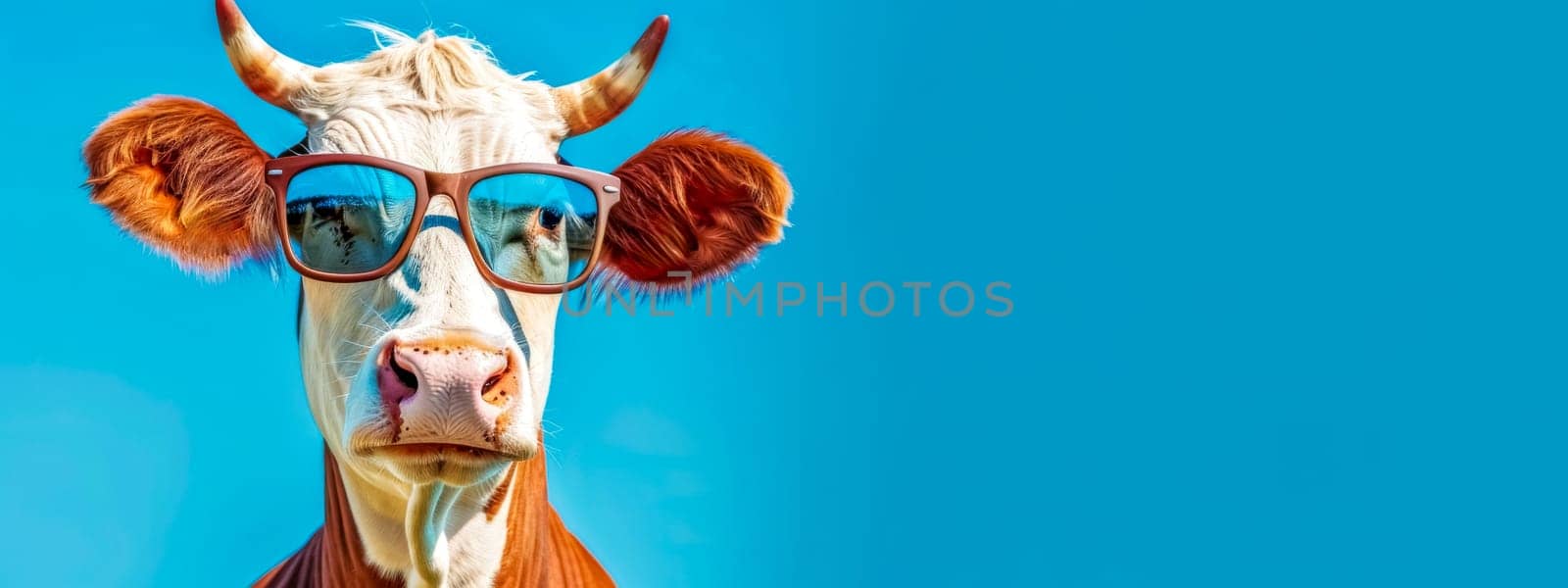 Portrait of a brown and white cow wearing red-framed sunglasses, clear skies
