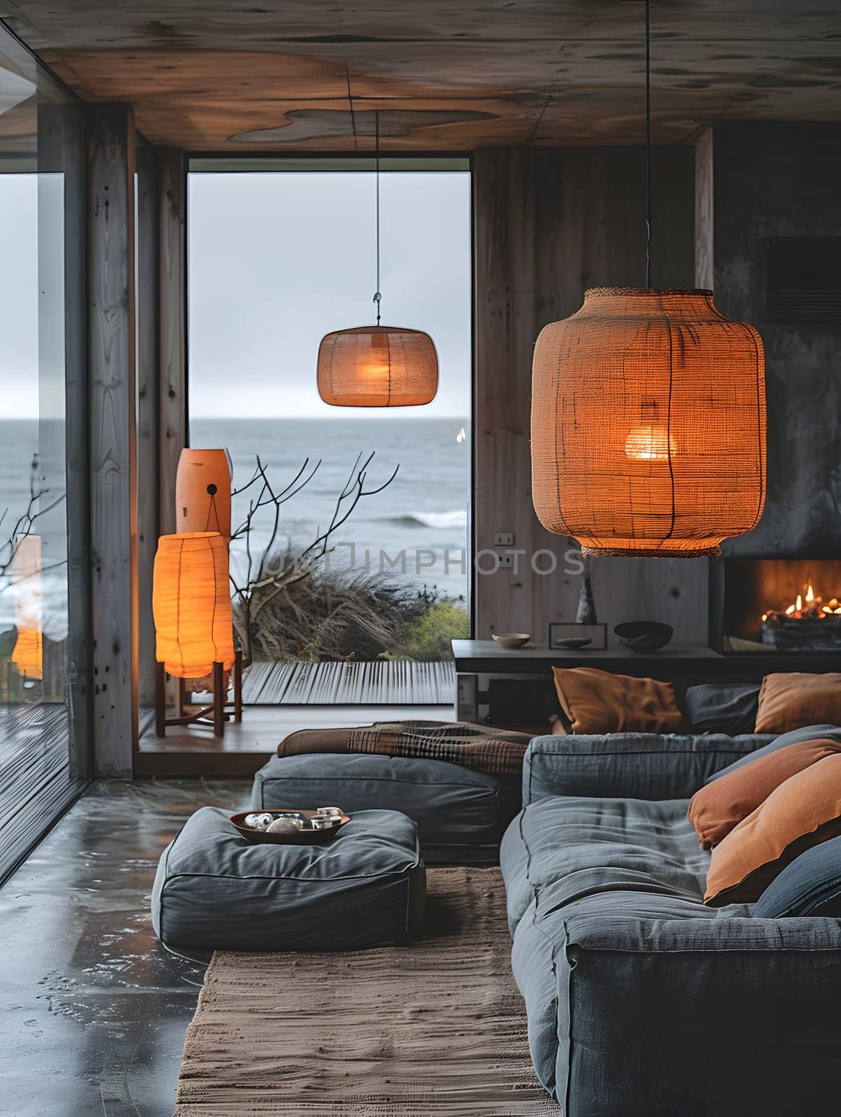 An interior design featuring a living room in a building with a window overlooking the ocean, a couch, fireplace, wooden furniture, orange accents, plants, a lamp, and a table