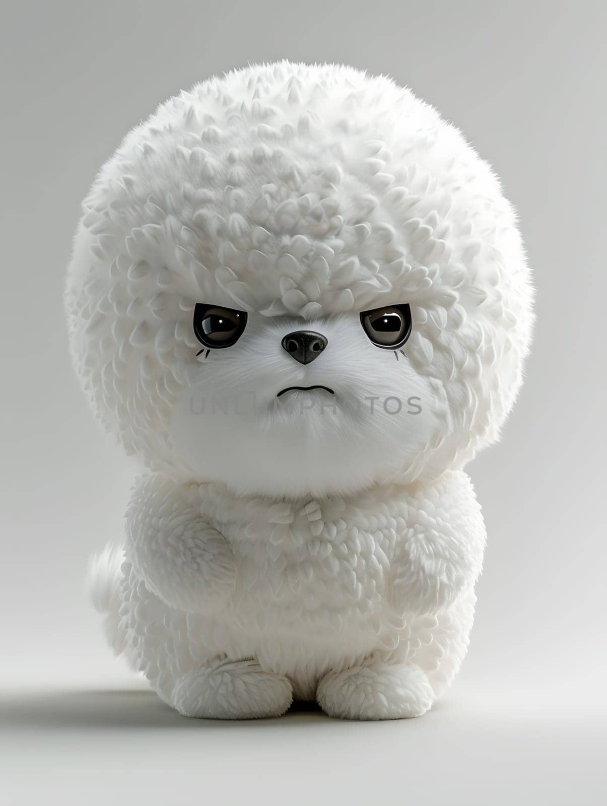 A white stuffed toy with an angry expression on its face is placed on a white surface. The toy has a snout, fur, and features resembling a companion dog