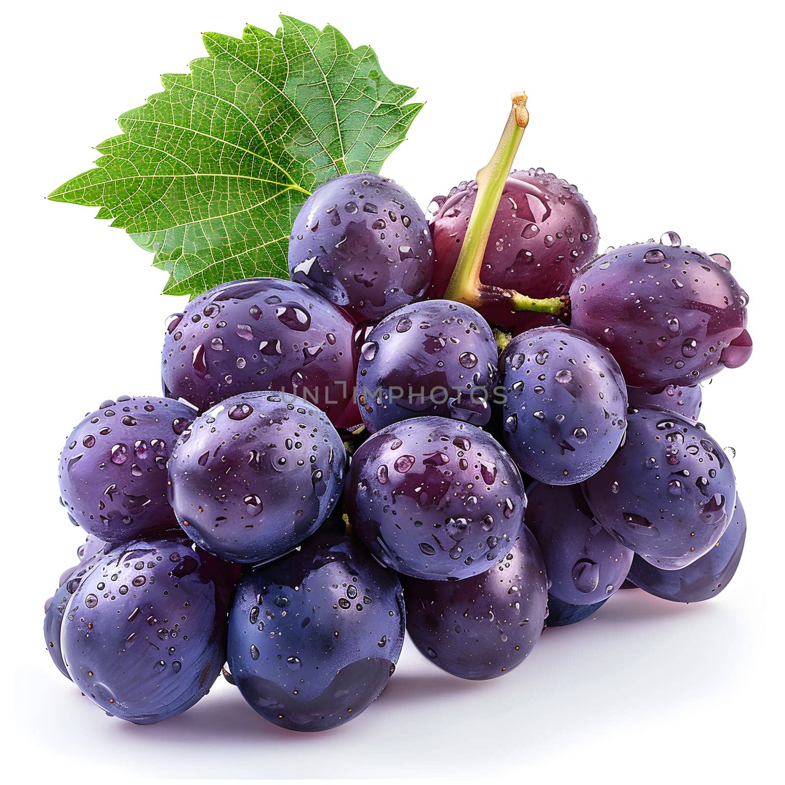 A bunch of purple grapes, a seedless fruit, with a green leaf on a white background. This natural food ingredient is a type of berry and a popular produce for tableware