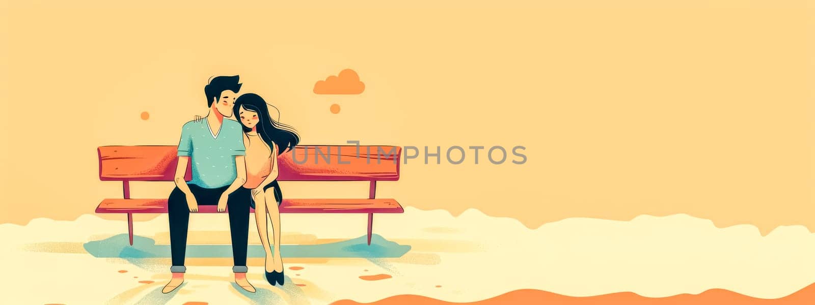 Illustrated young couple in love sitting on a bench with a warm sunset background
