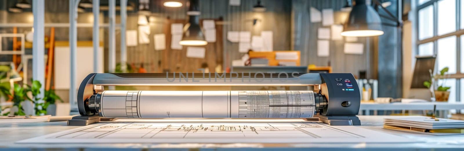 Professional plotter printing architectural plans in office by Edophoto