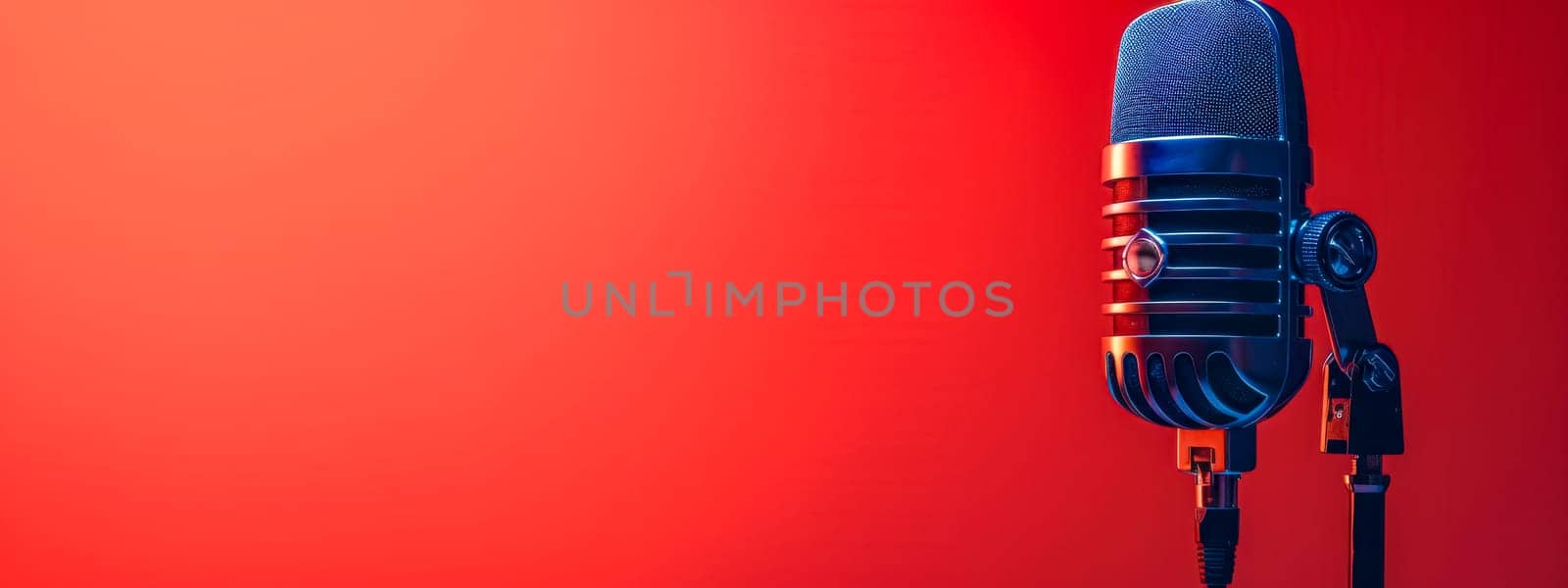 Vintage microphone on red background, copy space by Edophoto