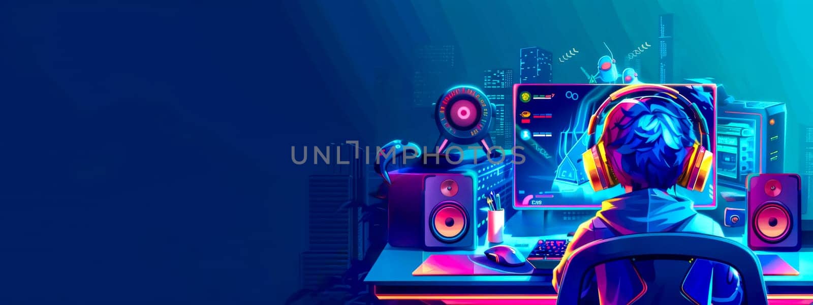 Digital art of a music producer working in a vibrant cyberpunk studio setup