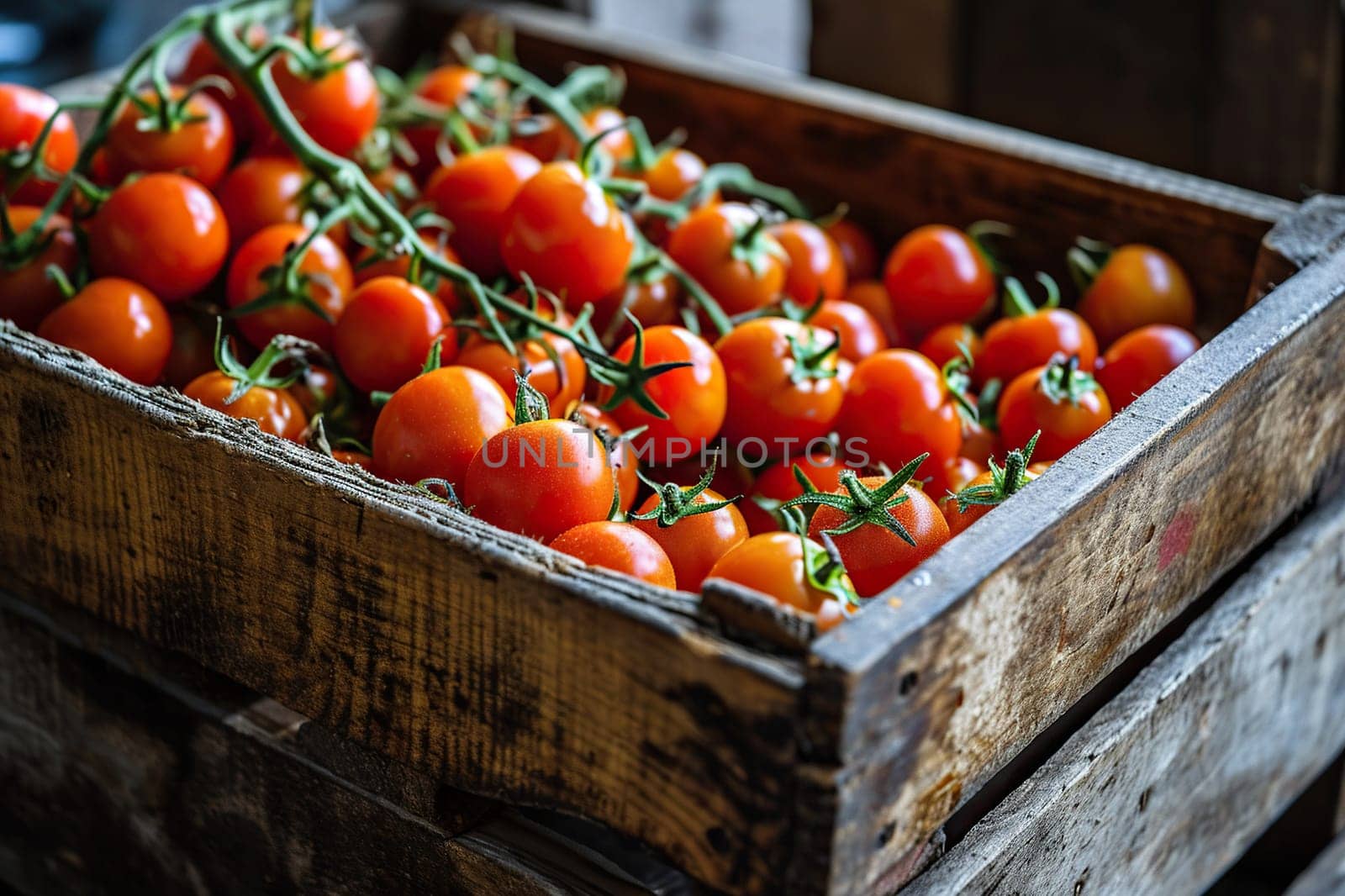 Harvest of ripe red cherry tomatoes in a wooden box.