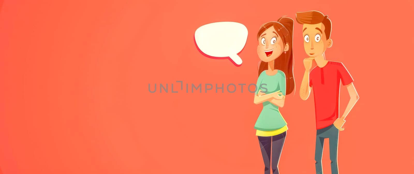 Illustrated young couple with an empty speech bubble on a vibrant coral backdrop