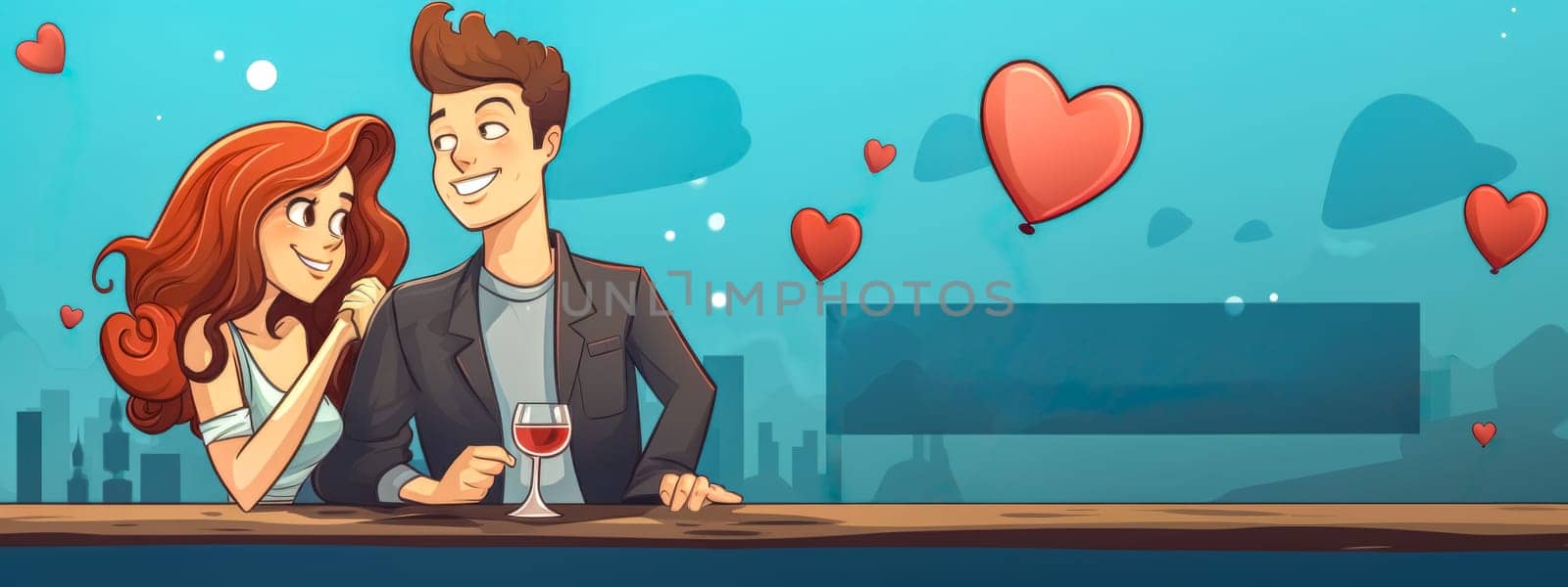 Illustrated couple sharing a moment with hearts and city background