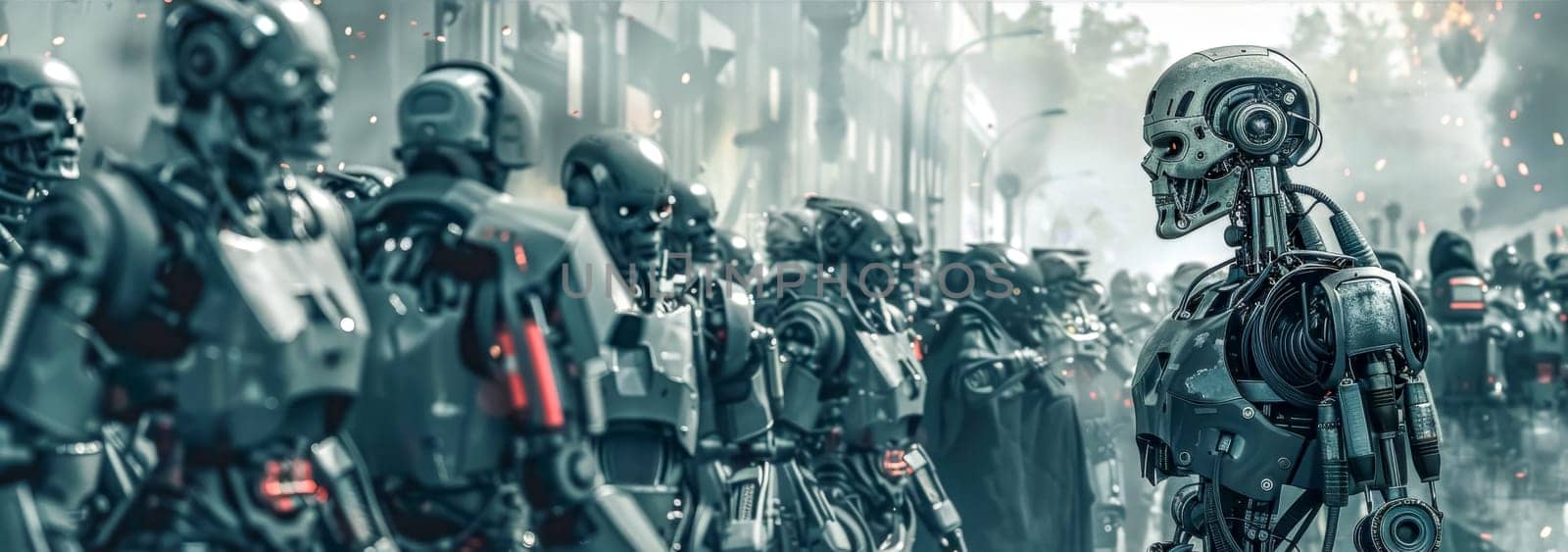 Digital artwork of a robot uprising, with menacing androids among atmospheric urban chaos