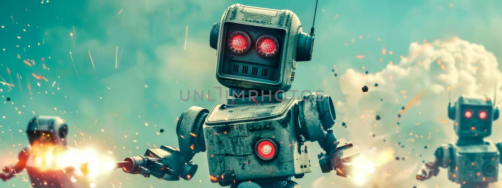 Vintage-style robots with glowing eyes engaged in a playful battle, emitting sparks by Edophoto