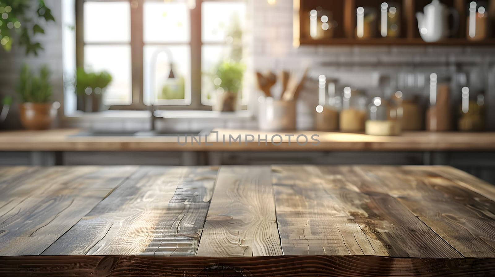 A hardwood table is in the foreground, with a kitchen in the background of a building. The wood stain flooring brings warmth to the house