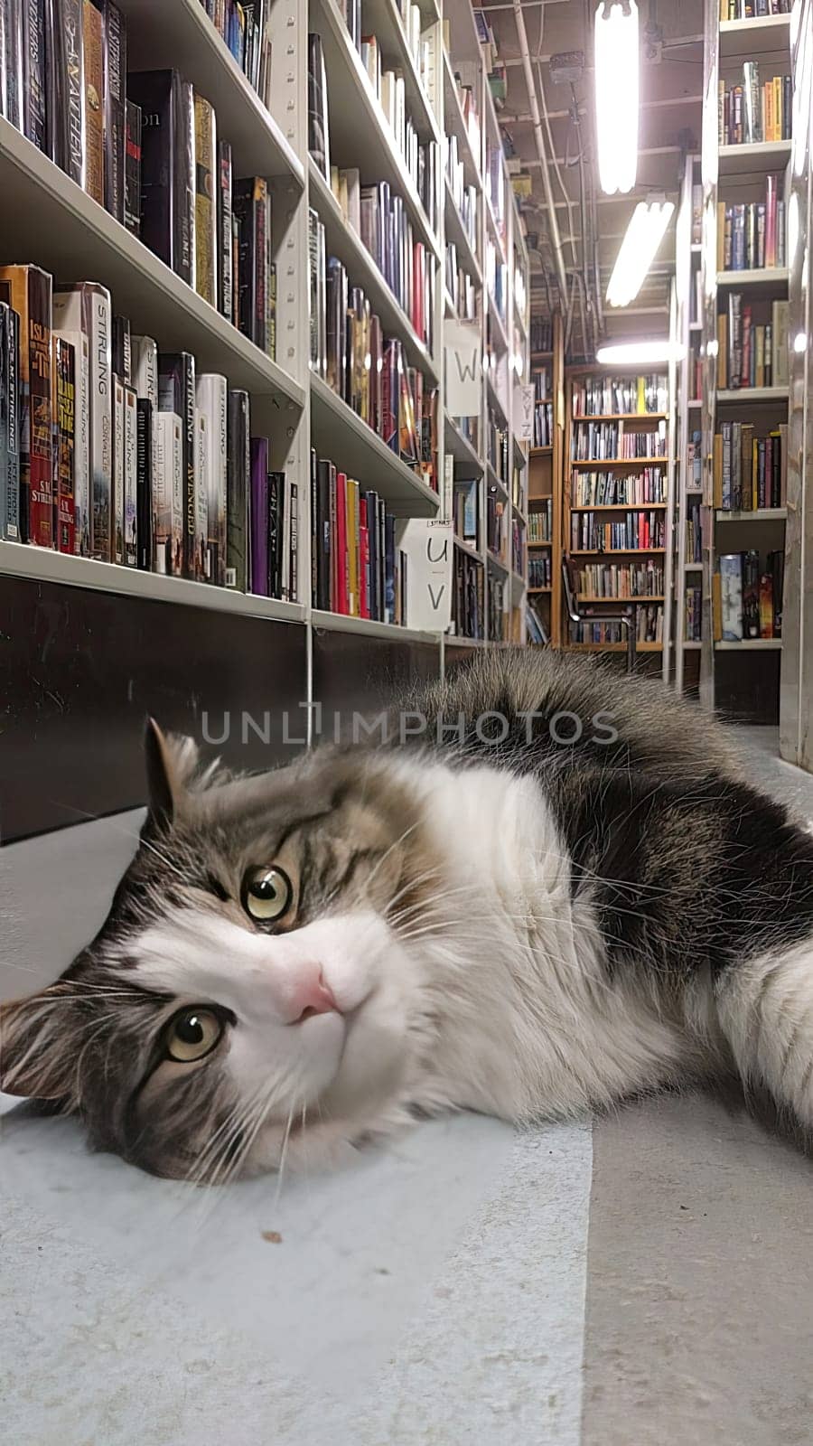 Fluffy white and grey cat lounging in a brightly lit, organized library, embodying relaxation and the joy of reading.