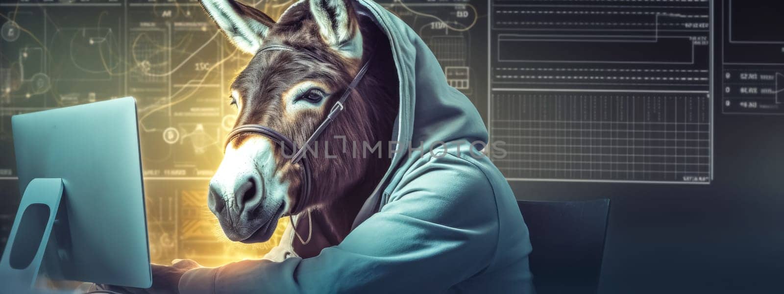 Humorous image of a donkey in a hoodie using a laptop with futuristic digital graphics overlay
