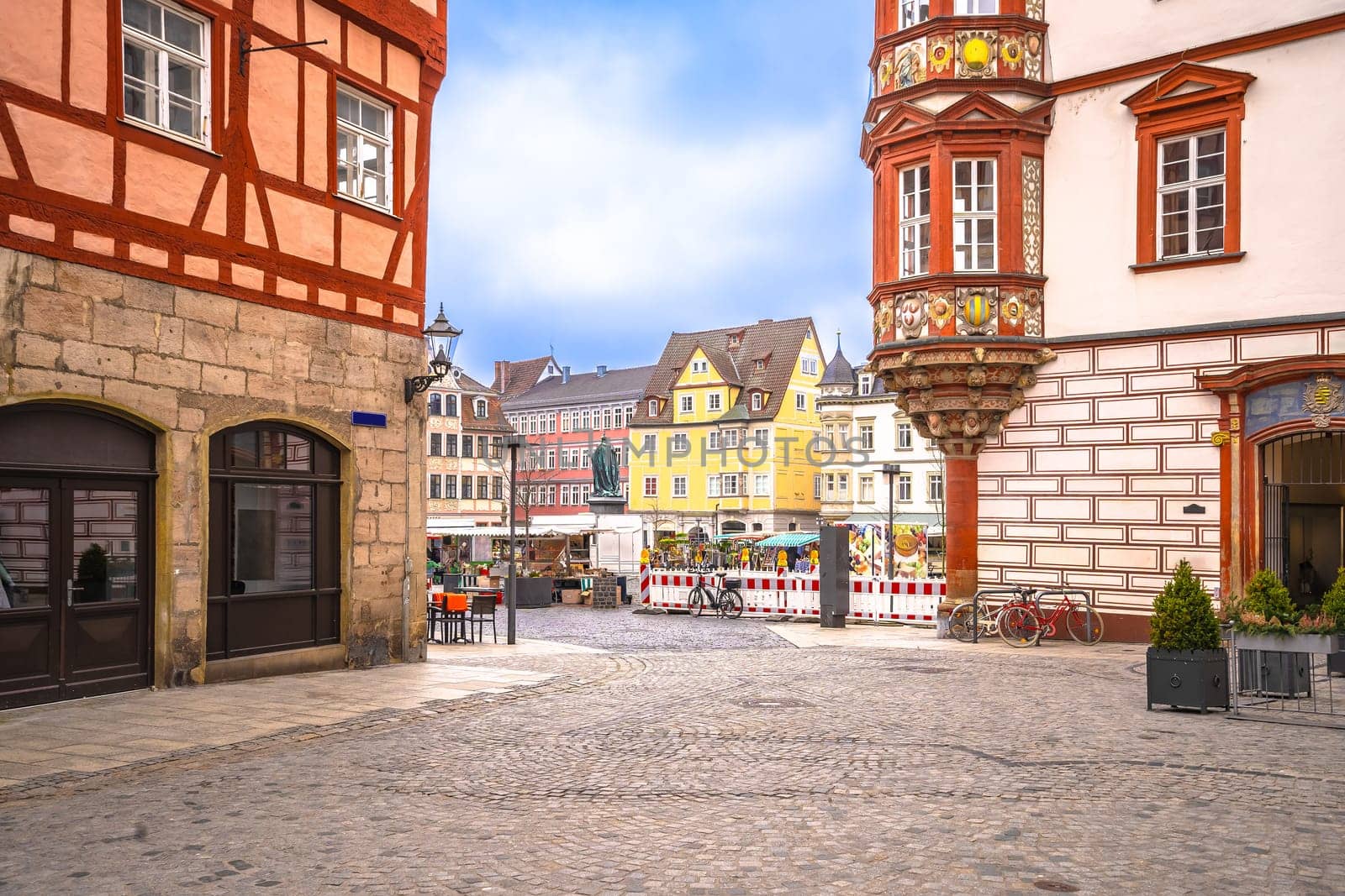 Historic town of Coburg main square Marktplatz colorful architecture view,  Upper Franconia region of Bavaria, Germany.