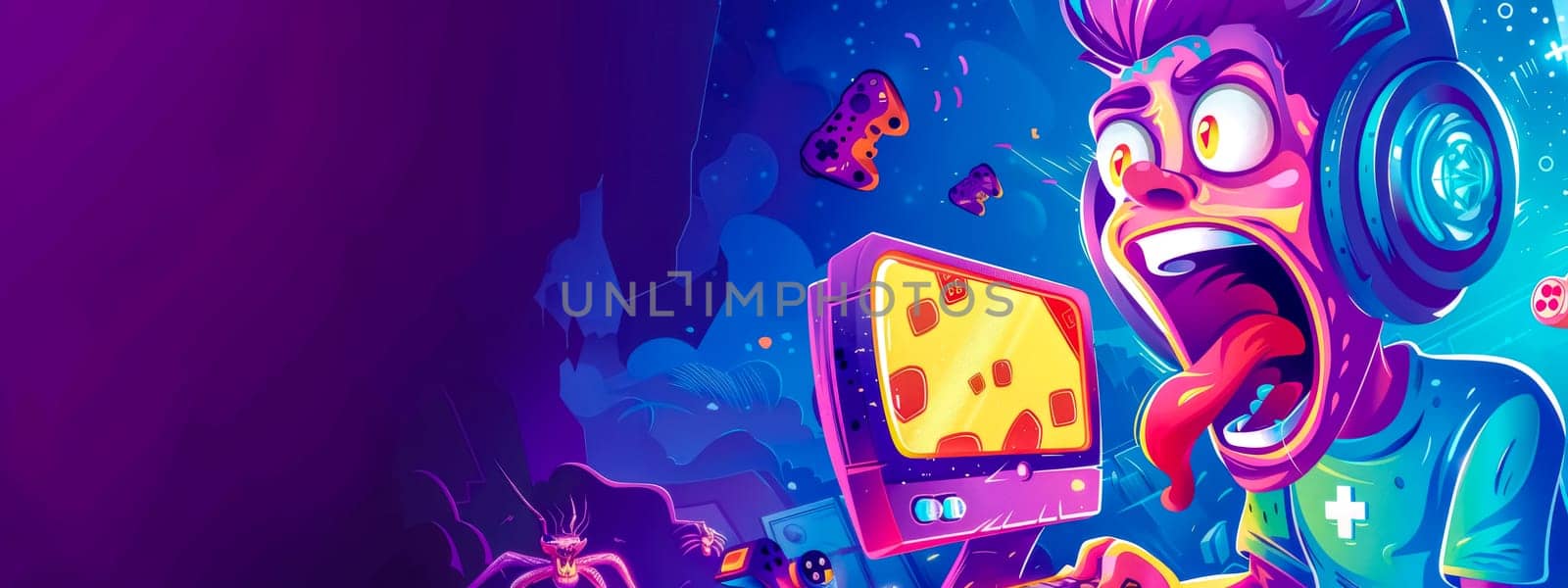 Bright, colorful illustration of an excited gamer in a whimsical space environment, surrounded by cosmic elements