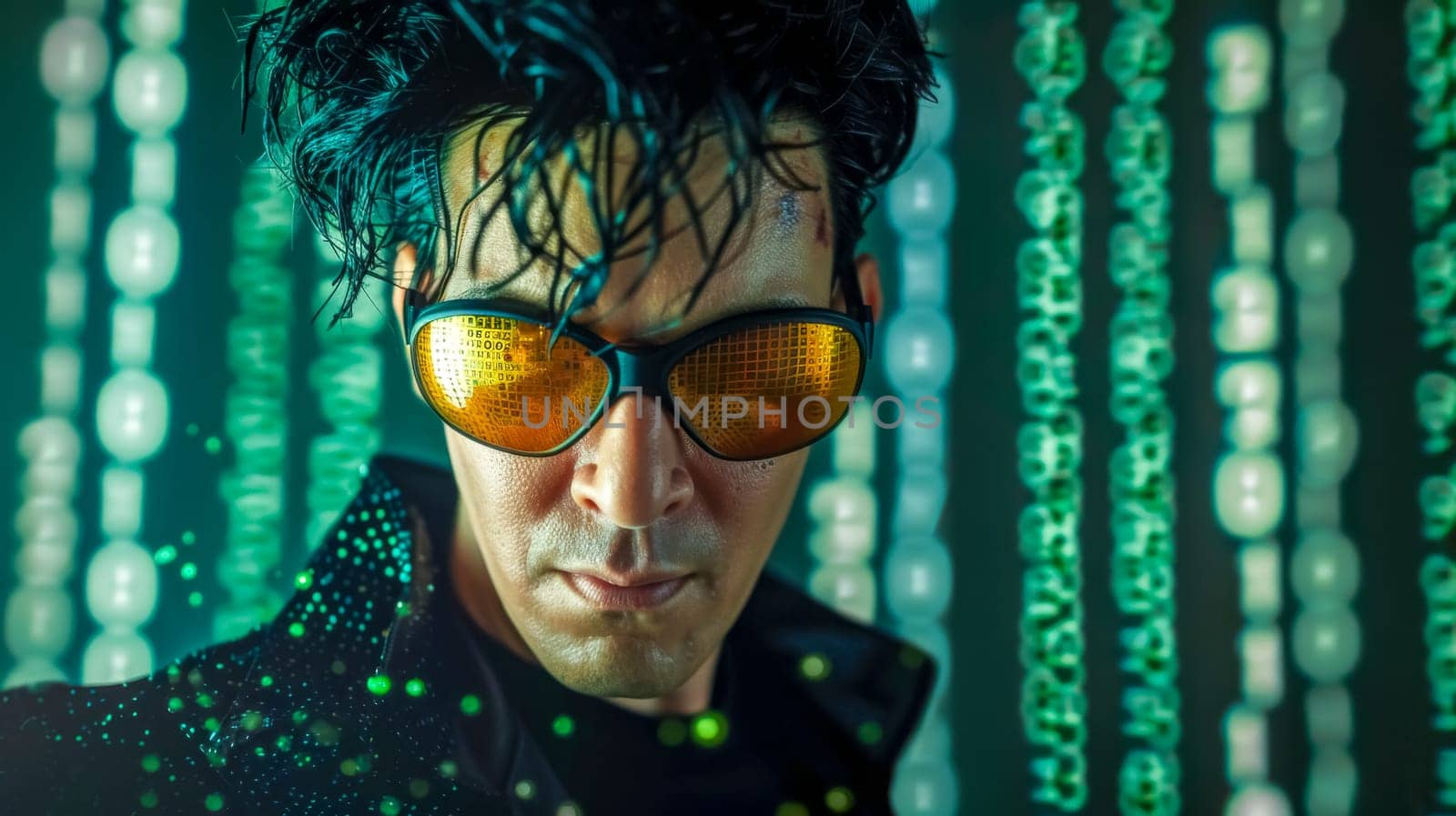 Close-up of a man with digital data reflected in his orange high-tech sunglasses
